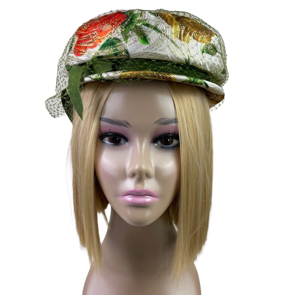 Vintage Metallic Floral Print Pillbox Hat With Ribbon & Net Green White Orange